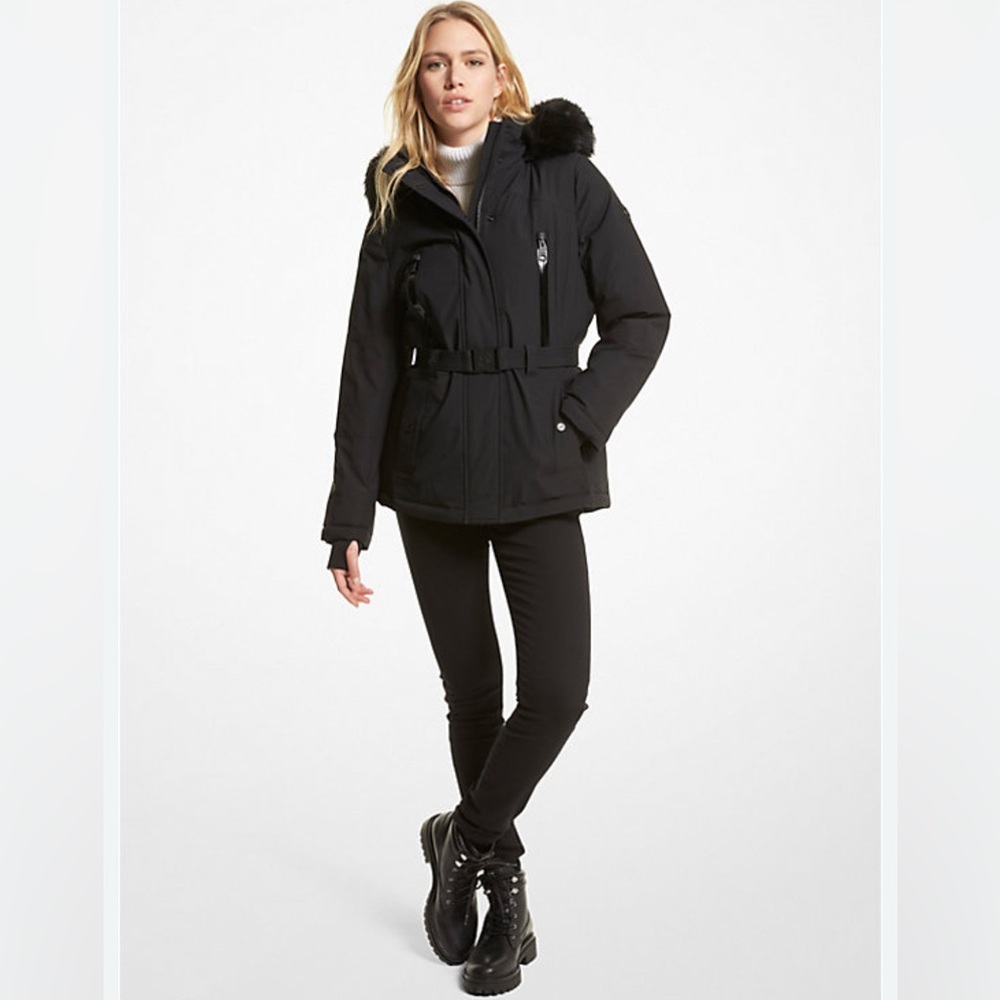 NEW Michael Kors Women's Faux Fur Hooded Belted Puffer Jacket Black M $320